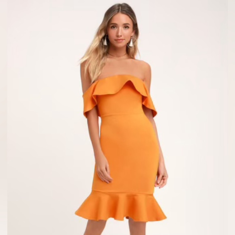 Lulus Confidence Boost Orange Off-the-Shoulder Bodycon Midi Dress